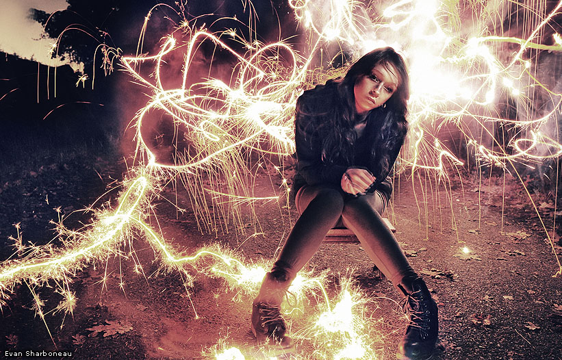 Long Exposure Light Painting Portrait of Girl with Sparkler